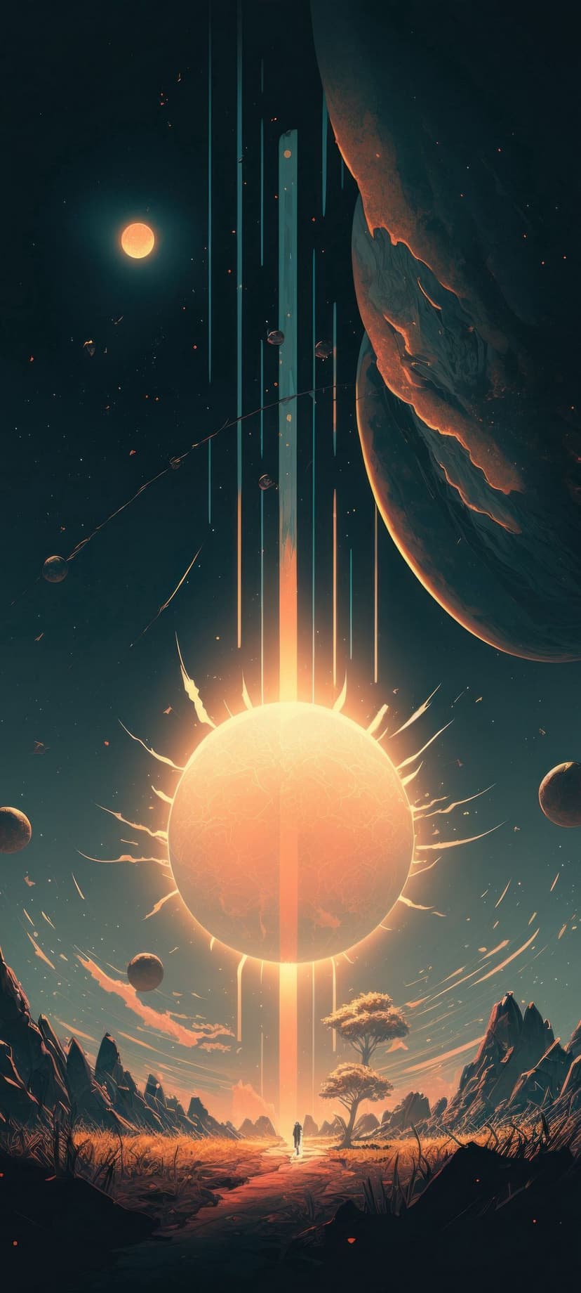 A lone silhouette stands on glowing plains under a massive sun and planets in a vertical space landscape.