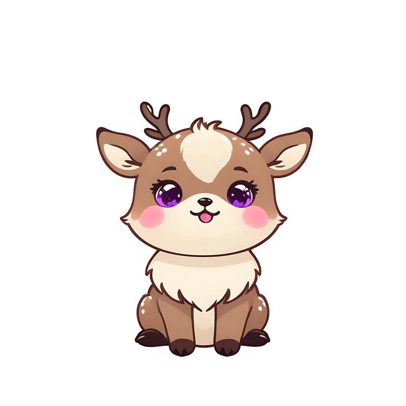Brown deer fawn sticker graphic with glossy purple eyes, white spots, and a fluffy texture against white.
