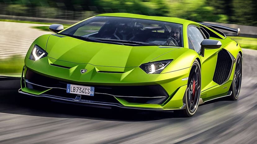 Lime green Lamborghini Aventador SVJ speeding on a racetrack with motion blur and sharp carbon fiber details.