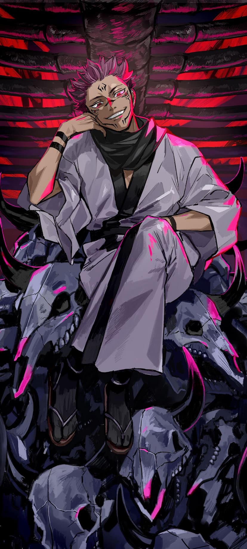 Ryomen Sukuna sits on a mountain of skulls with pink light accents, wearing a light kimono and dark scarf.