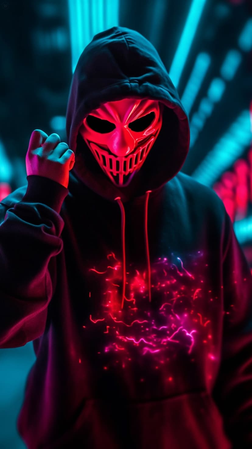 Hooded figure with a glowing red mask and clenched fist stands against blurred blue and pink neon city lights.