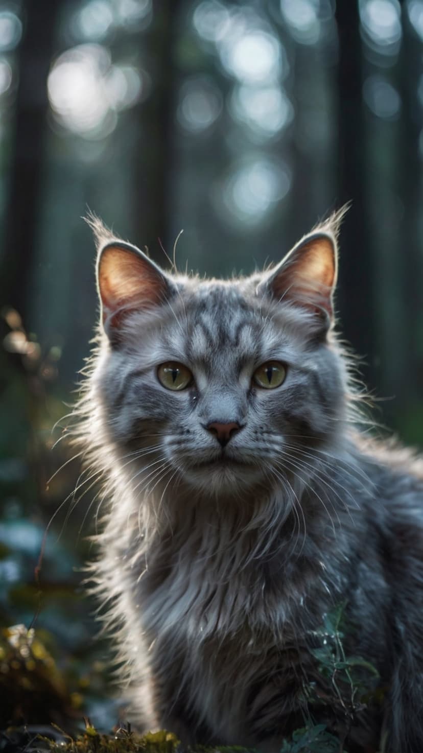 Grey cat with emerald eyes and long whiskers sits in a sunlit woodland with soft bokeh background lighting.
