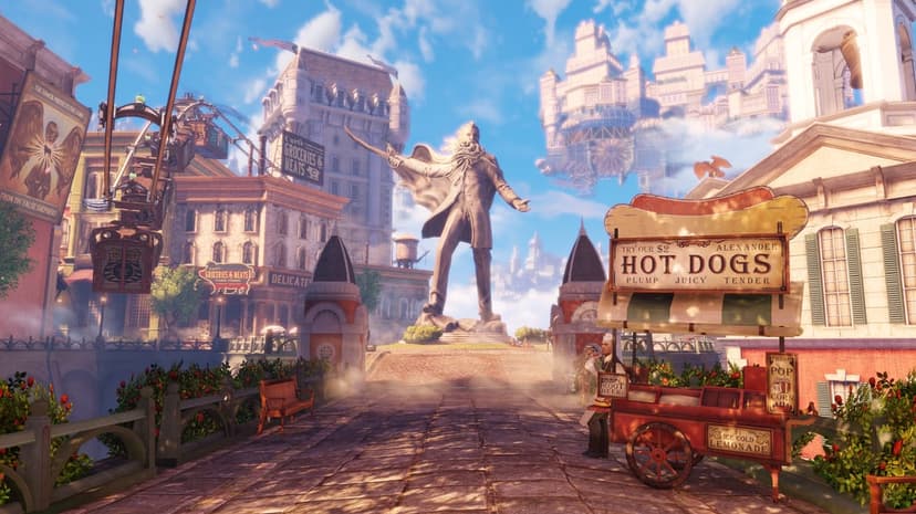 Statue of Father Comstock in the floating city of Columbia with Victorian buildings and a vintage food cart.