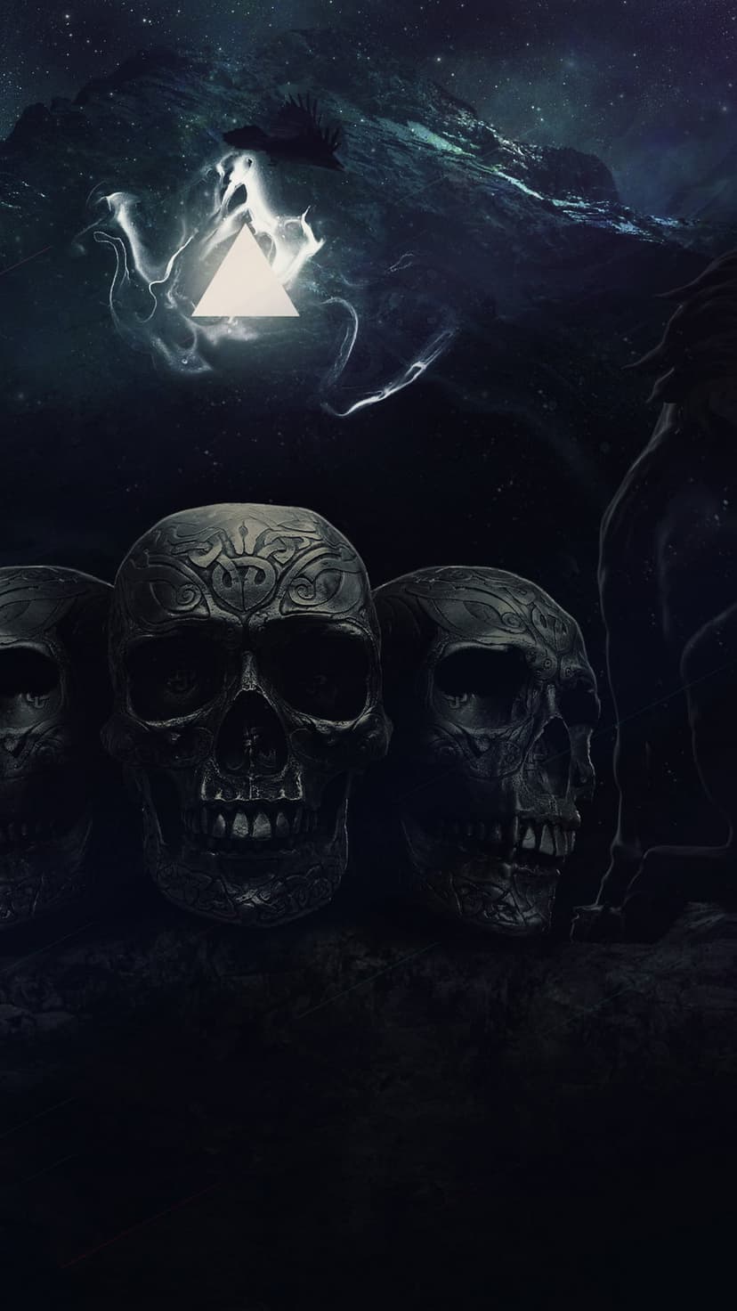 Three engraved skulls sit before a glowing white triangle under a starry mountain range and cosmic nebulae.