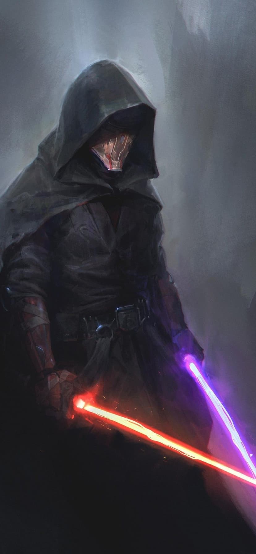 Hooded warrior in a mask holding glowing red and purple lightsabers against a dark misty background.