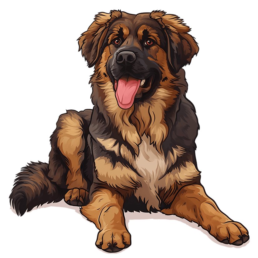 German shepherd digital painting showing a dog lying down with its tongue out and bright amber eyes.