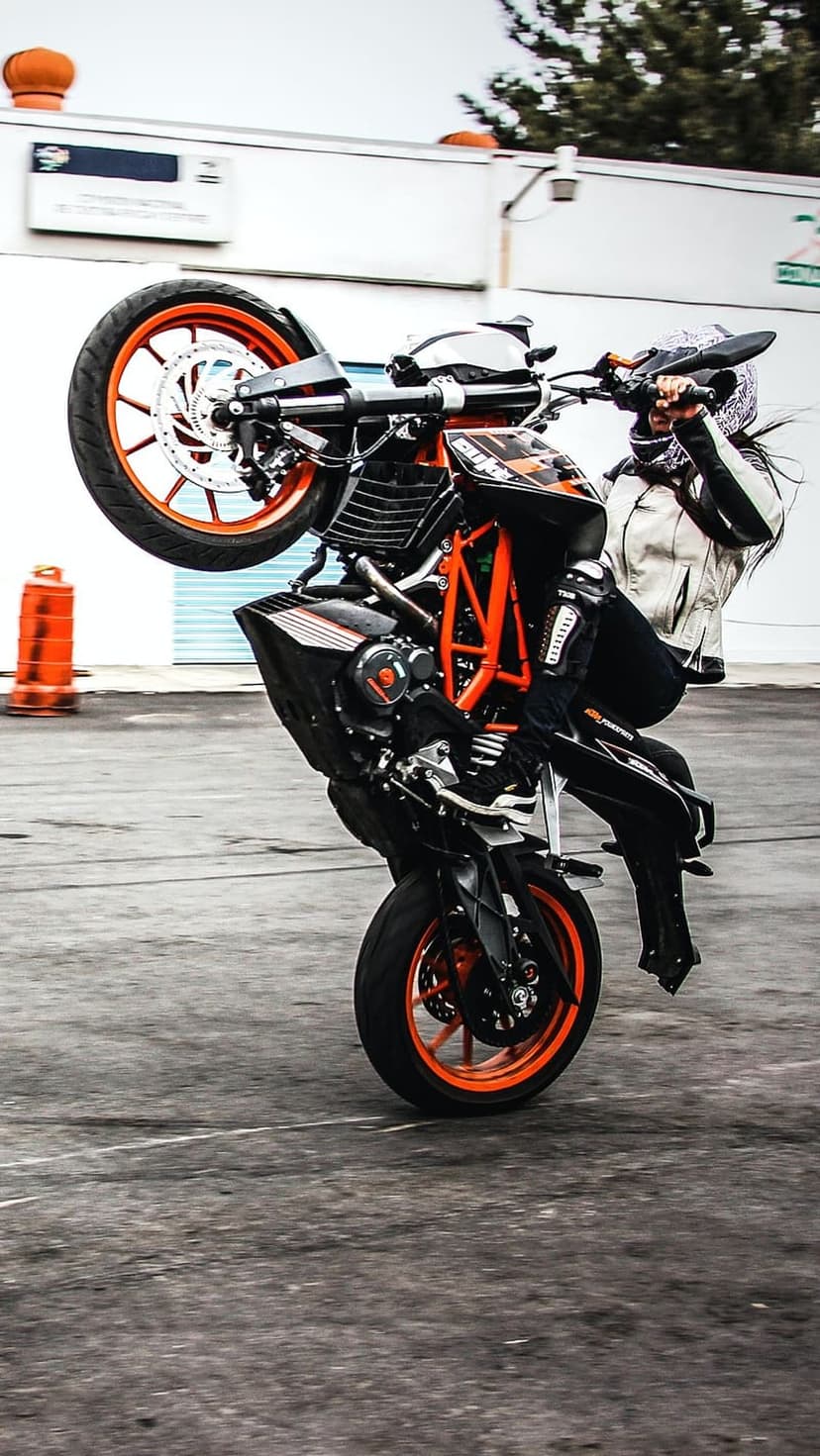 Motorcyclist in protective gear performs a high wheelie on a black and orange KTM bike during a sunny outdoor stunt.