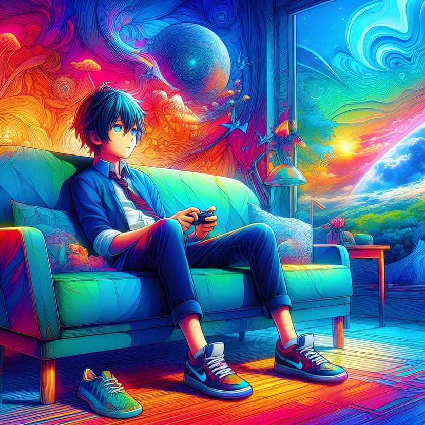 Blue-haired boy plays video games on a teal sofa against a swirling psychedelic nebula and planetary backdrop.