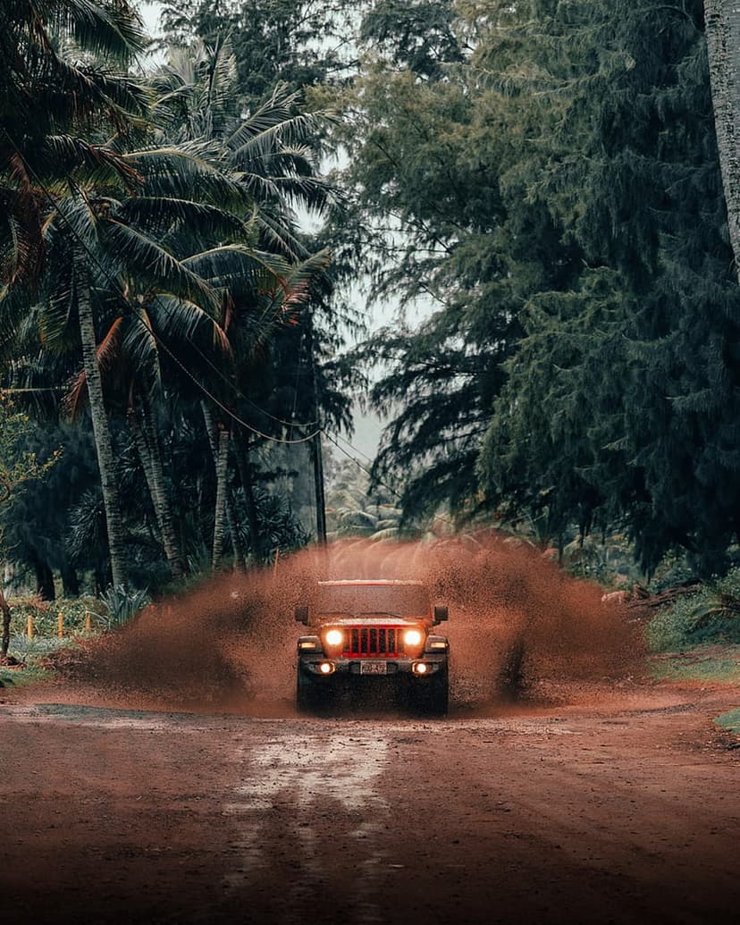 Red Jeep Wrangler splashes through a muddy puddle on a tropical jungle road lined with lush green palm trees.