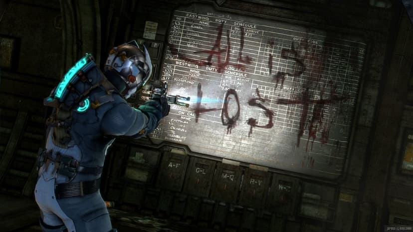 Space suit character aims a plasma cutter at a board with bloody text in a dark spaceship corridor.