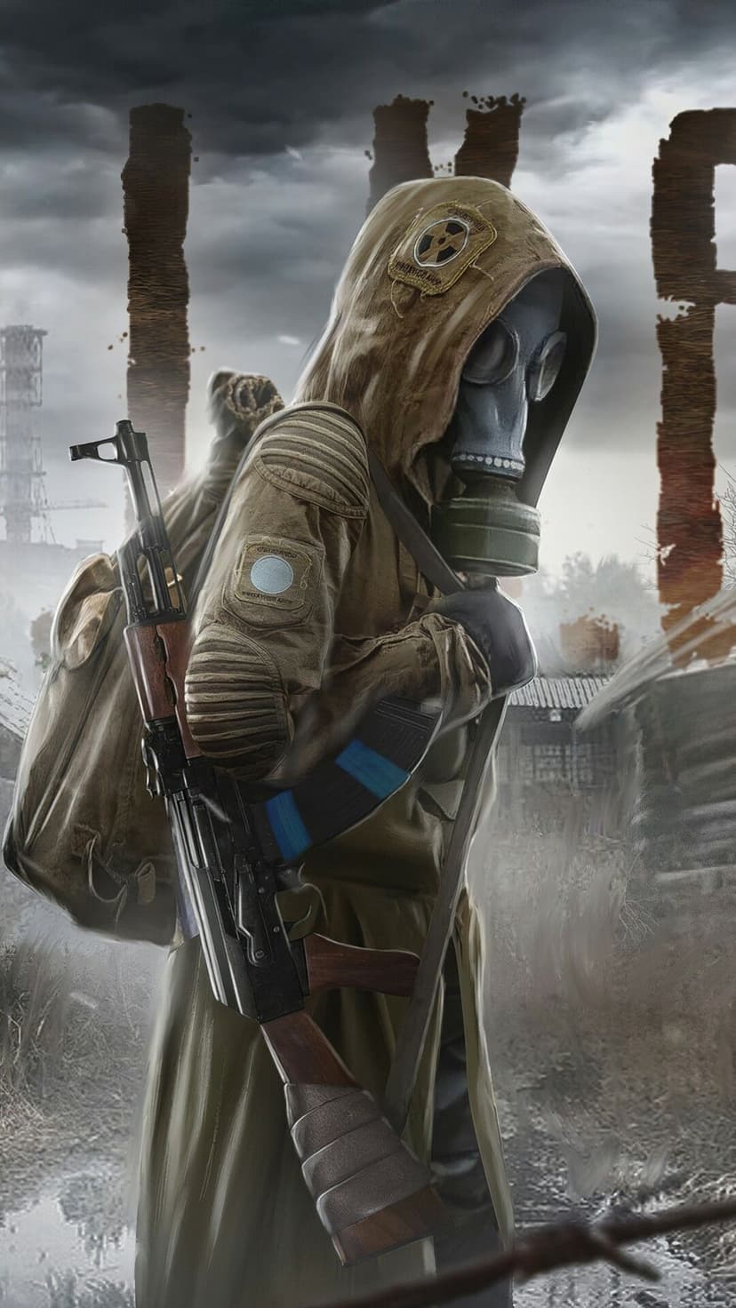 Post-apocalyptic survivor in a gas mask and hooded cloak holding a rifle in a foggy industrial wasteland.