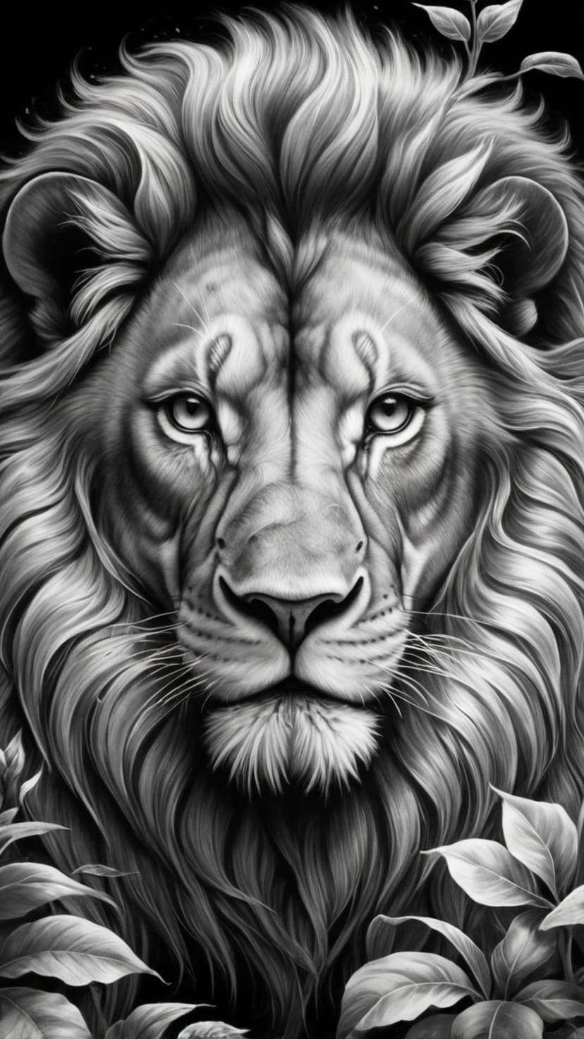 Lion face with a thick mane surrounded by dark tropical leaves in a high-contrast black and white portrait.
