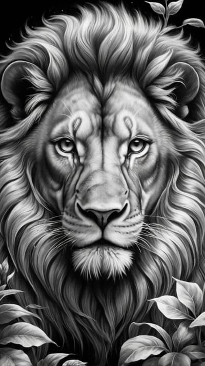 Monochrome Lion Portrait Phone Wallpaper with Jungle Leaves