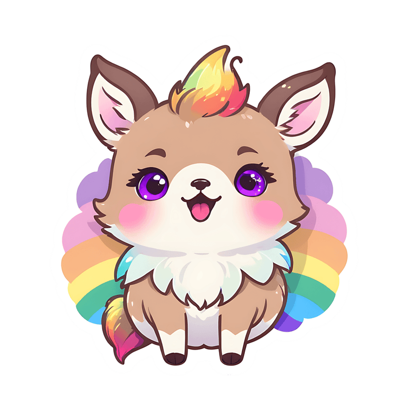 Rainbow fawn sticker illustration with a fluffy brown body, purple eyes, and a colorful mane on white background.