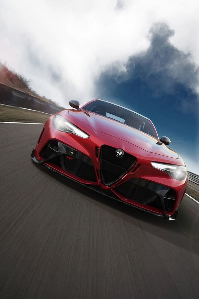 Red Alfa Romeo Giulia Quadrifoglio sedan races on a track under a dramatic sky with a low-angle perspective.