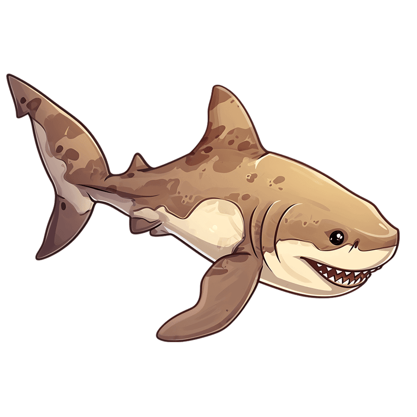 Great white shark cartoon with a toothy grin, mottled brown skin, and white belly isolated on black.