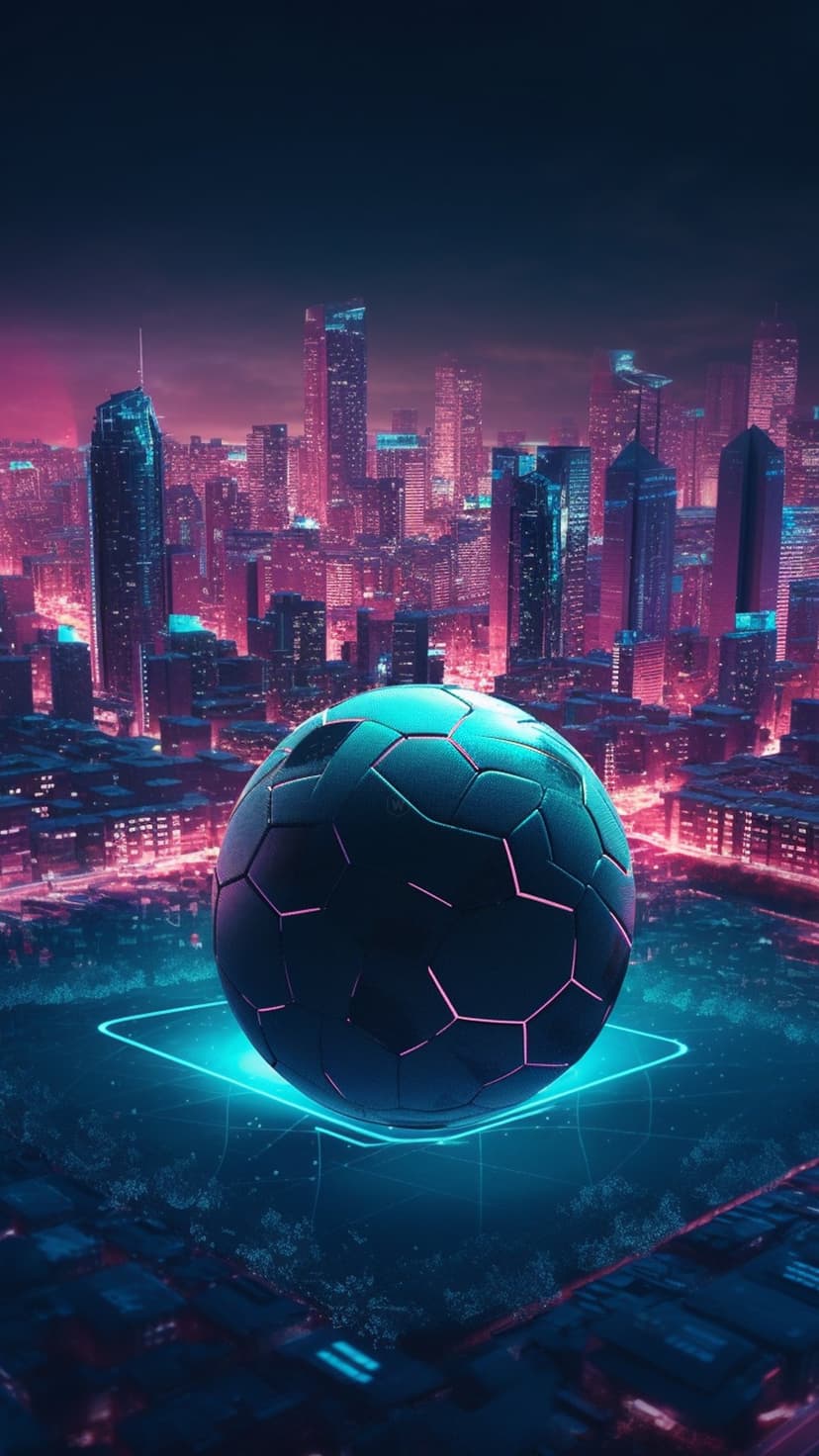 Glowing soccer ball with pink hexagons rests on a blue grid before a neon-lit cyberpunk city at night.