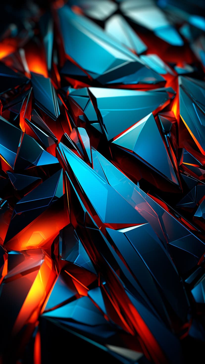 Sharp blue crystal shards with glowing orange light emerging from dark geometric crevices in a vertical layout.