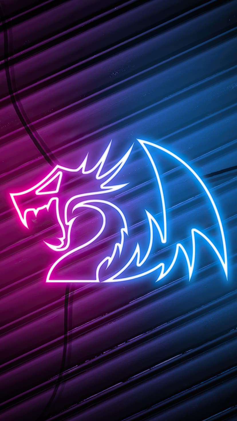 Dragon logo with neon pink and blue outlines shines on a dark textured background with vertical ribbed grooves.