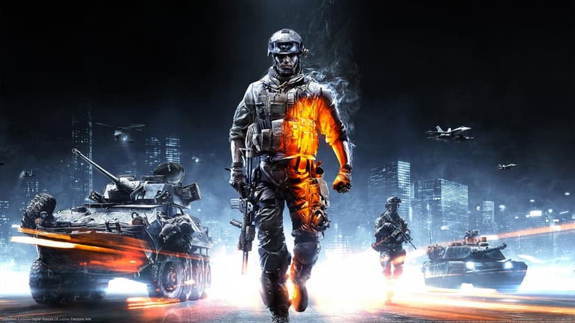 Tactical soldier walking between a tank and armored vehicle in a blue and orange urban night battlefield.