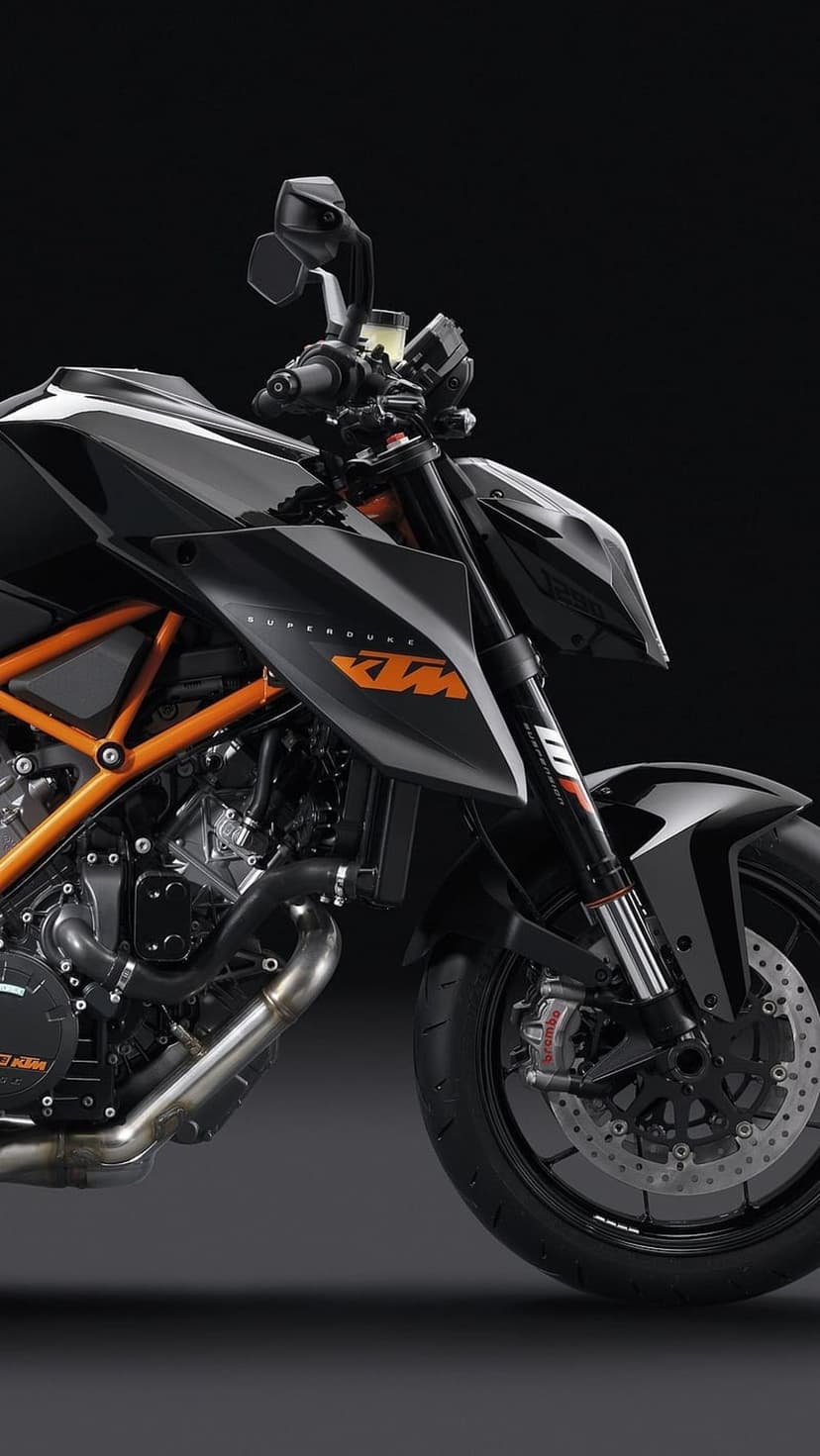 KTM 1290 Super Duke R motorcycle close-up featuring a black fairing, orange trellis frame, and V-twin engine detail.