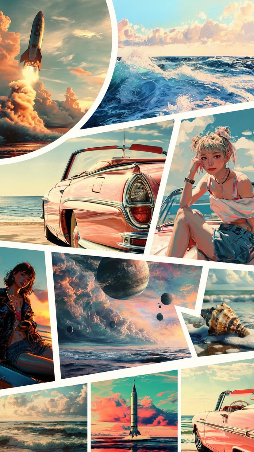 Vintage rocket launches over crashing ocean waves and a pink convertible under a cosmic sky with planets.