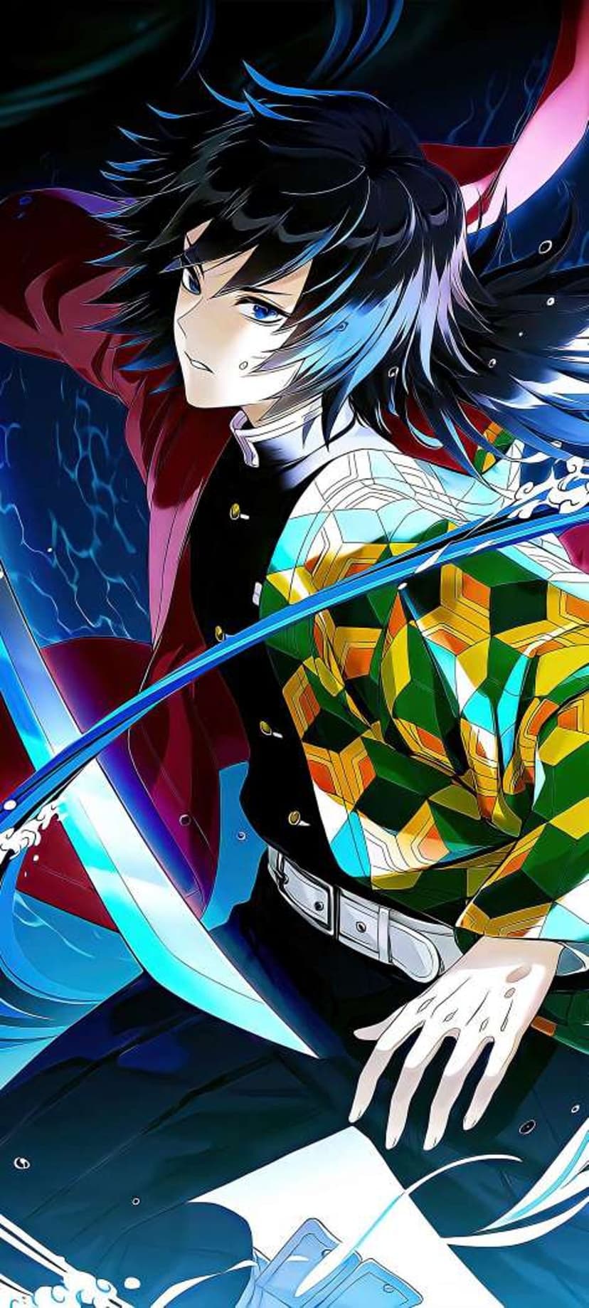 Giyu Tomioka grips a sword as swirling blue water spirals around his patterned haori against a dark background.