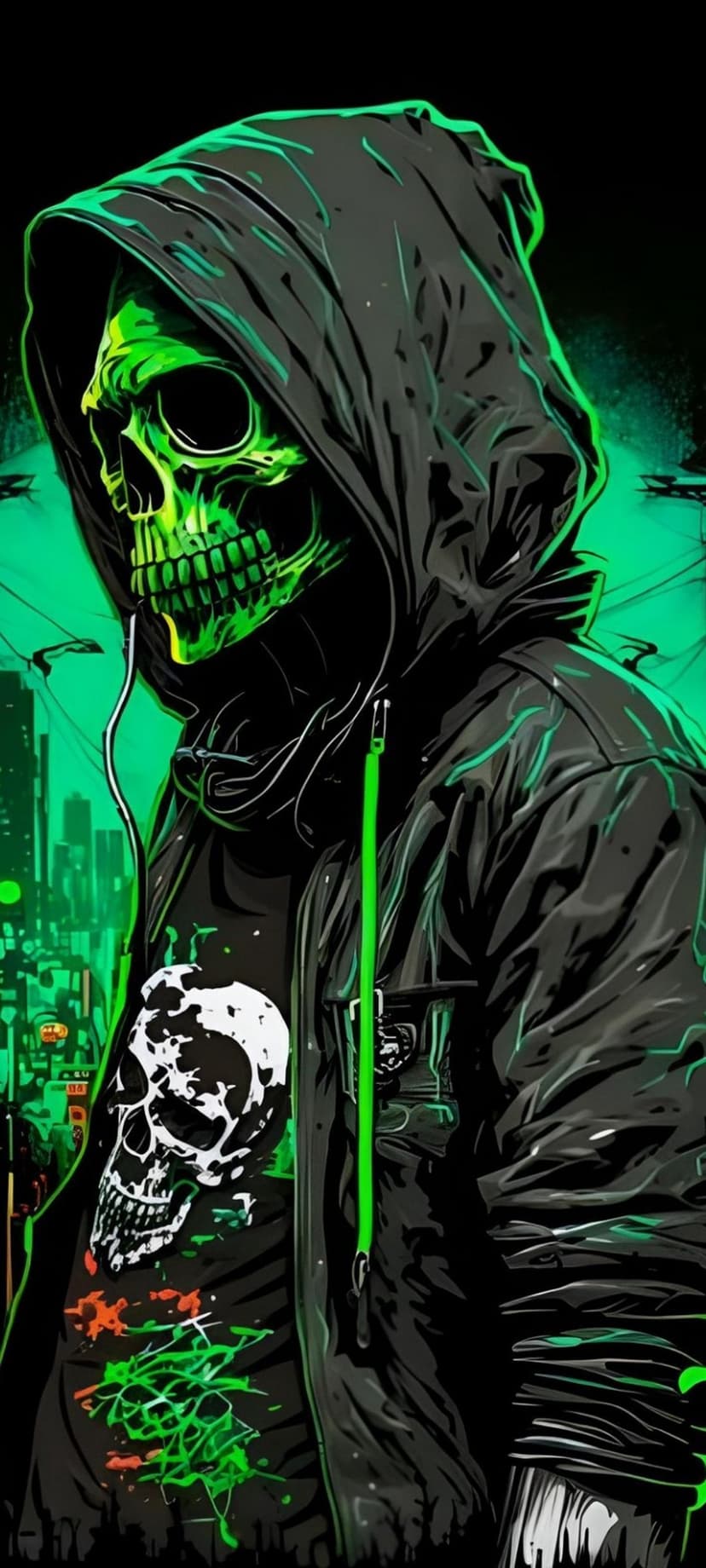 Skull in a black hoodie with glowing green accents stands in a dark city street at night with neon lights.