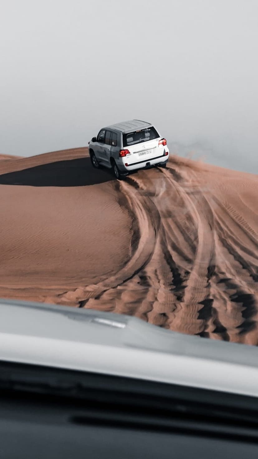 White SUV climbing a steep sandy ridge leaving deep tire tracks under bright desert sunlight in a vertical view.