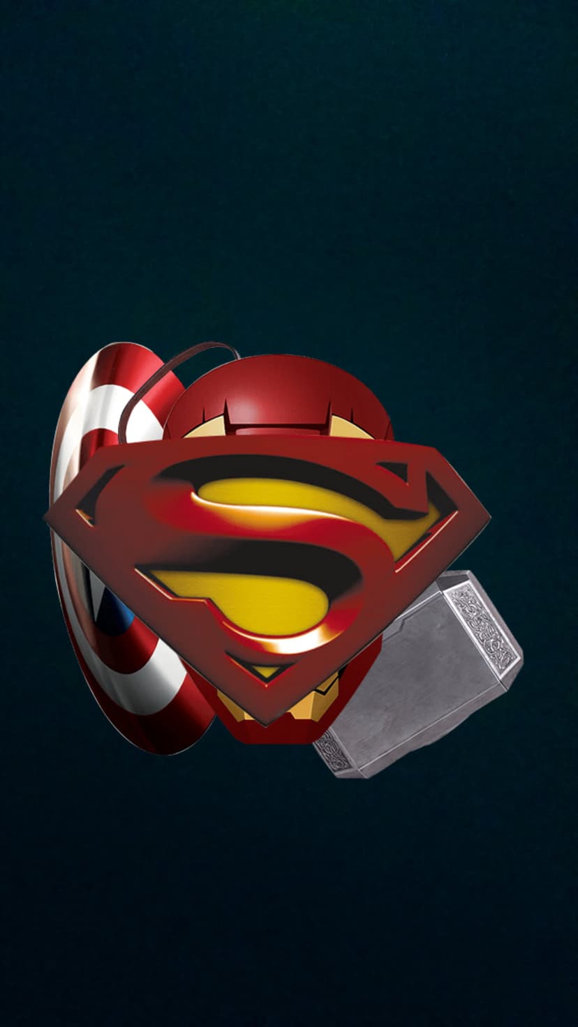 Superman's S-shield overlays an Iron Man helmet beside Captain America's shield and Thor's hammer Mjolnir.