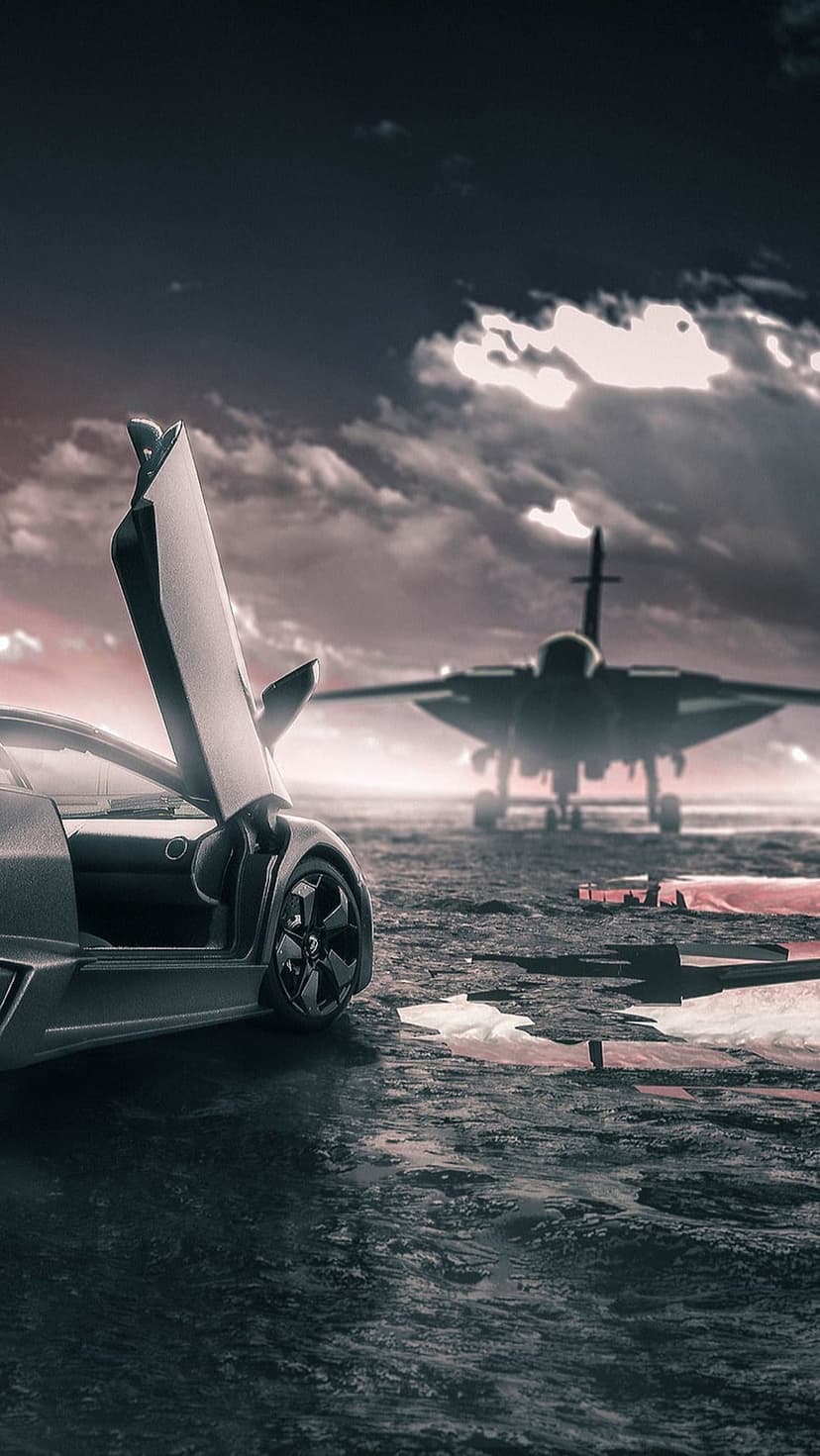 Supercar with open doors on wet tarmac near a parked jet aircraft under a dark, moody sky with red reflections.