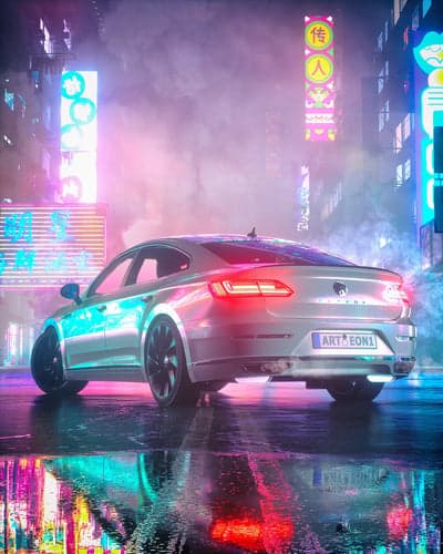 Cyberpunk Car in Neon City Night with Reflections