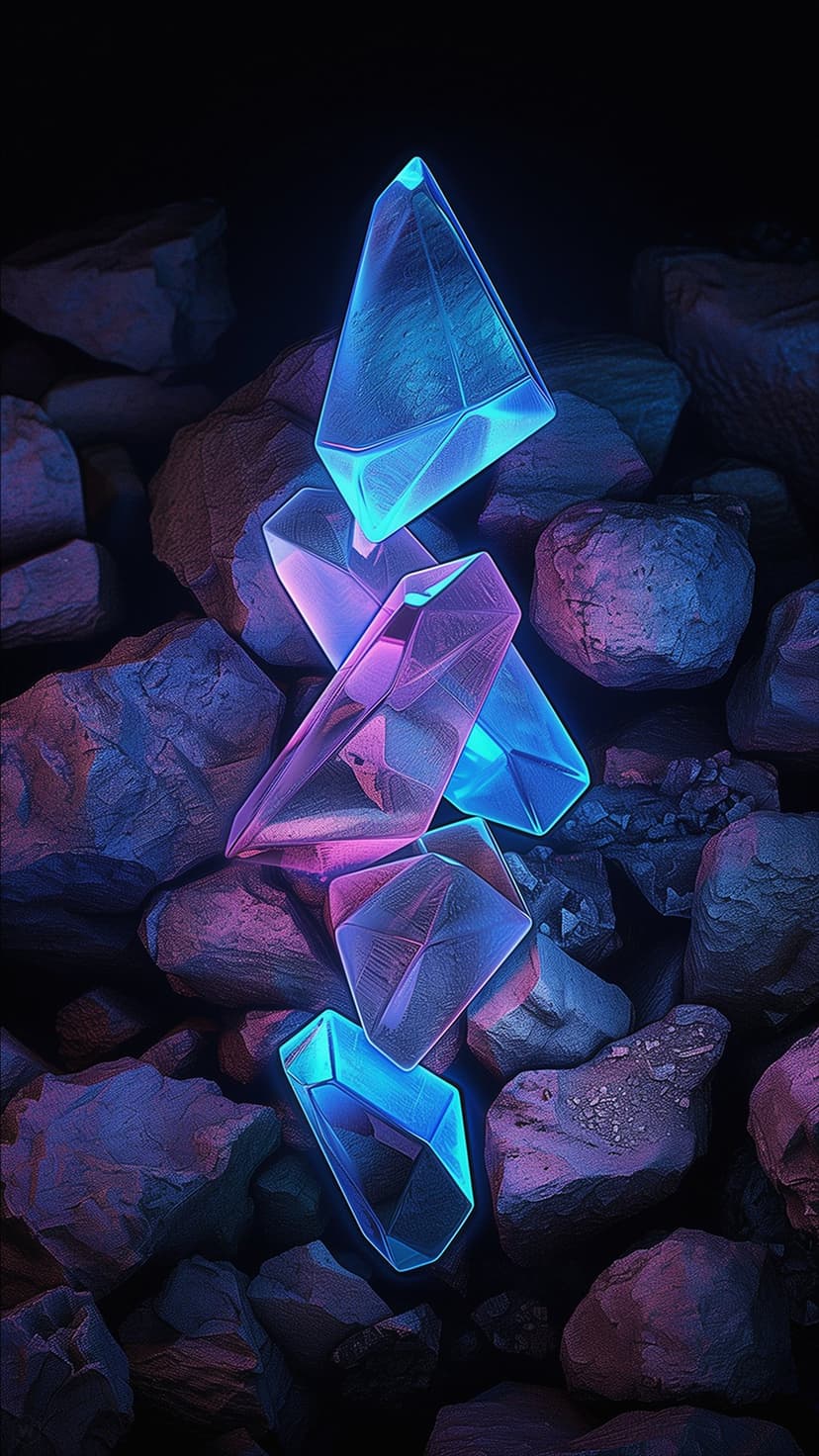 Luminous blue and pink angular crystals nestled between dark textured rocks in a subterranean cavern environment.