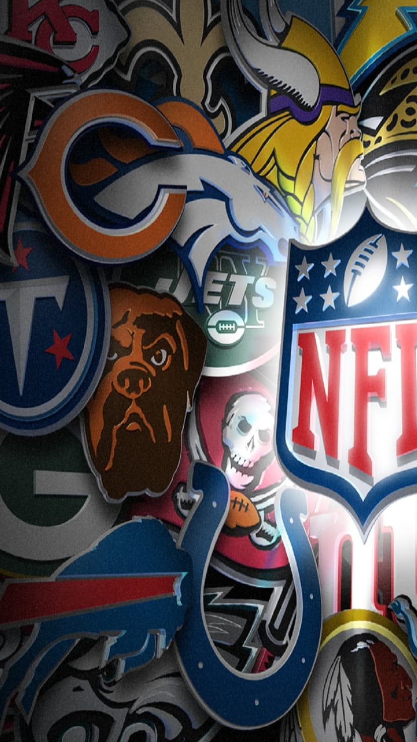 NFL franchise logos and team insignias arranged in a colorful, dense mosaic pattern for vertical mobile displays.