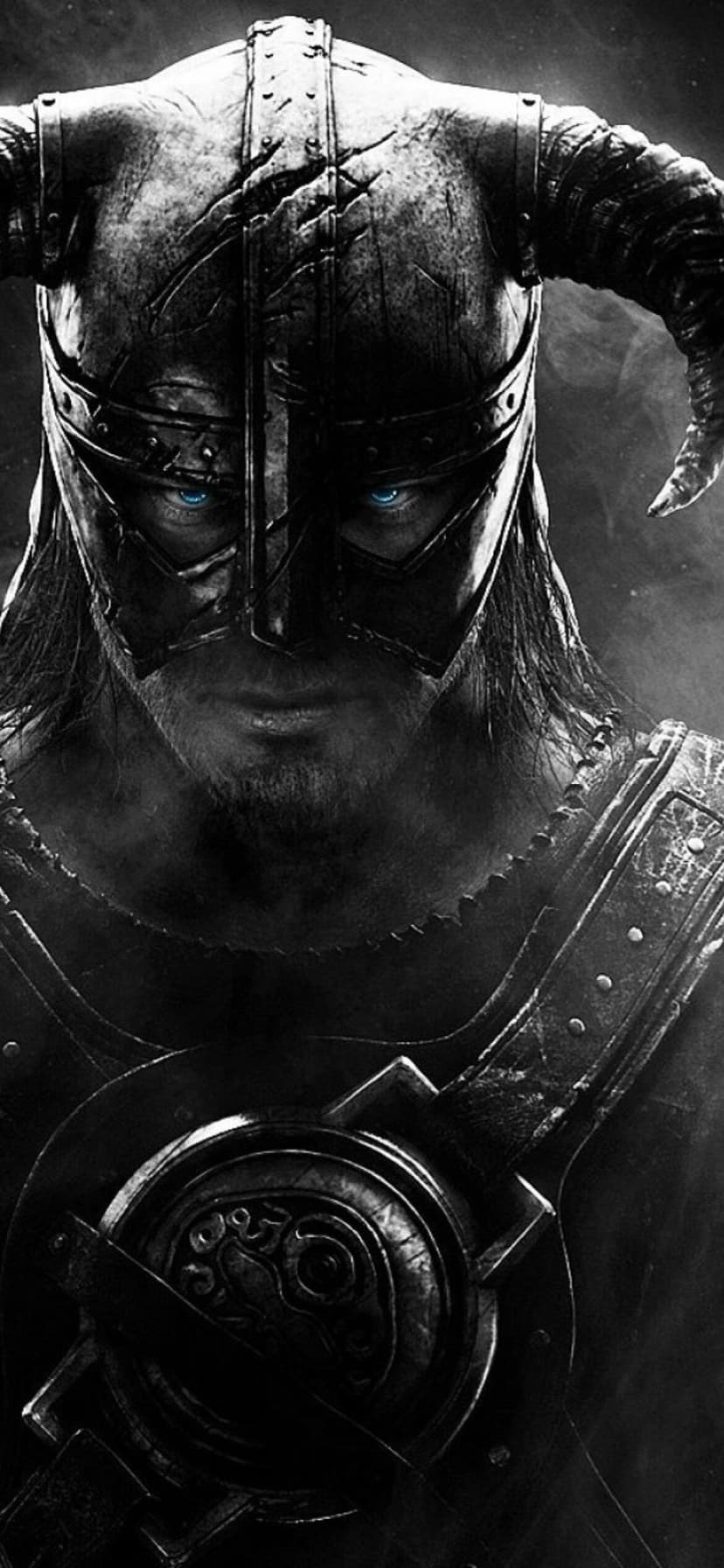 Dragonborn warrior in horned iron helmet with glowing blue eyes and dark beard in a gritty monochrome setting.