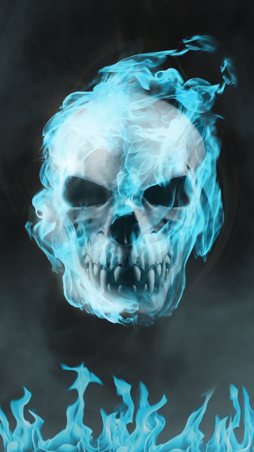 Human skull engulfed in vibrant blue fire against a solid black background with glowing ethereal lighting effects.