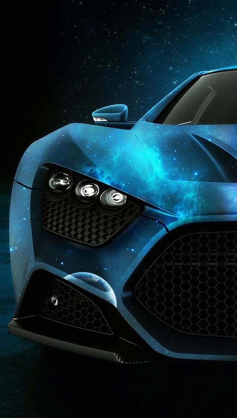 Futuristic sports car with a body made of swirling violet nebulae and clusters of glowing stars in deep space.