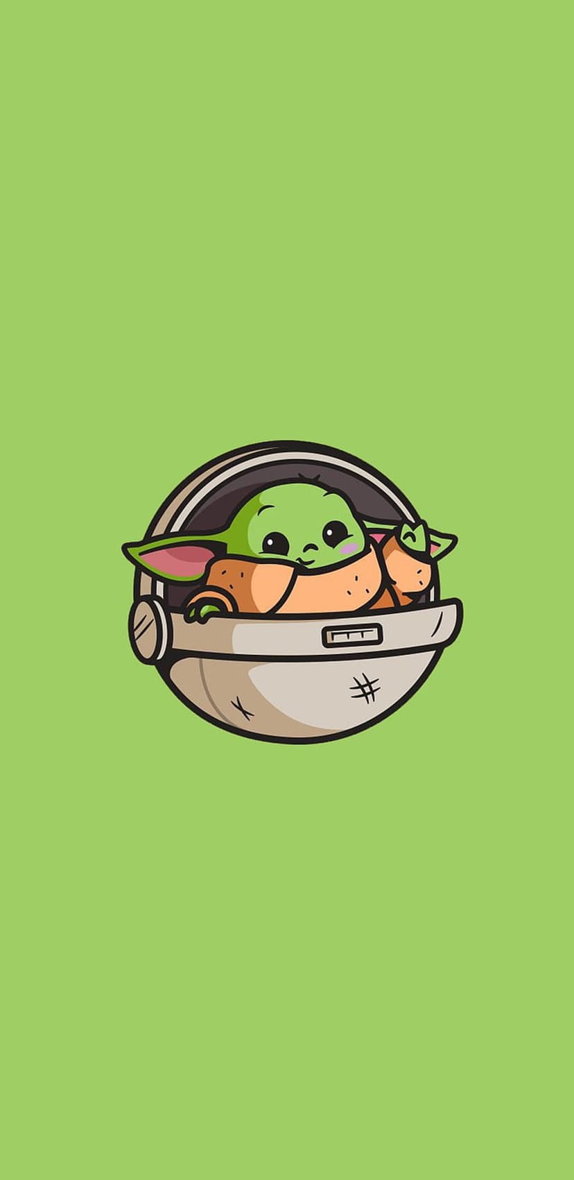 Grogu peeks over the edge of a beige hovering pram against a solid light green background in a minimalist style.