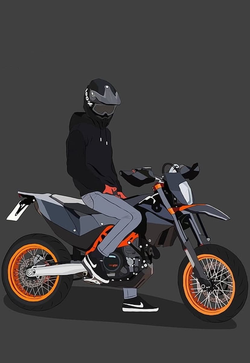 Biker wearing a helmet and black hoodie sits on a grey dirt bike with vibrant orange wheel accents.