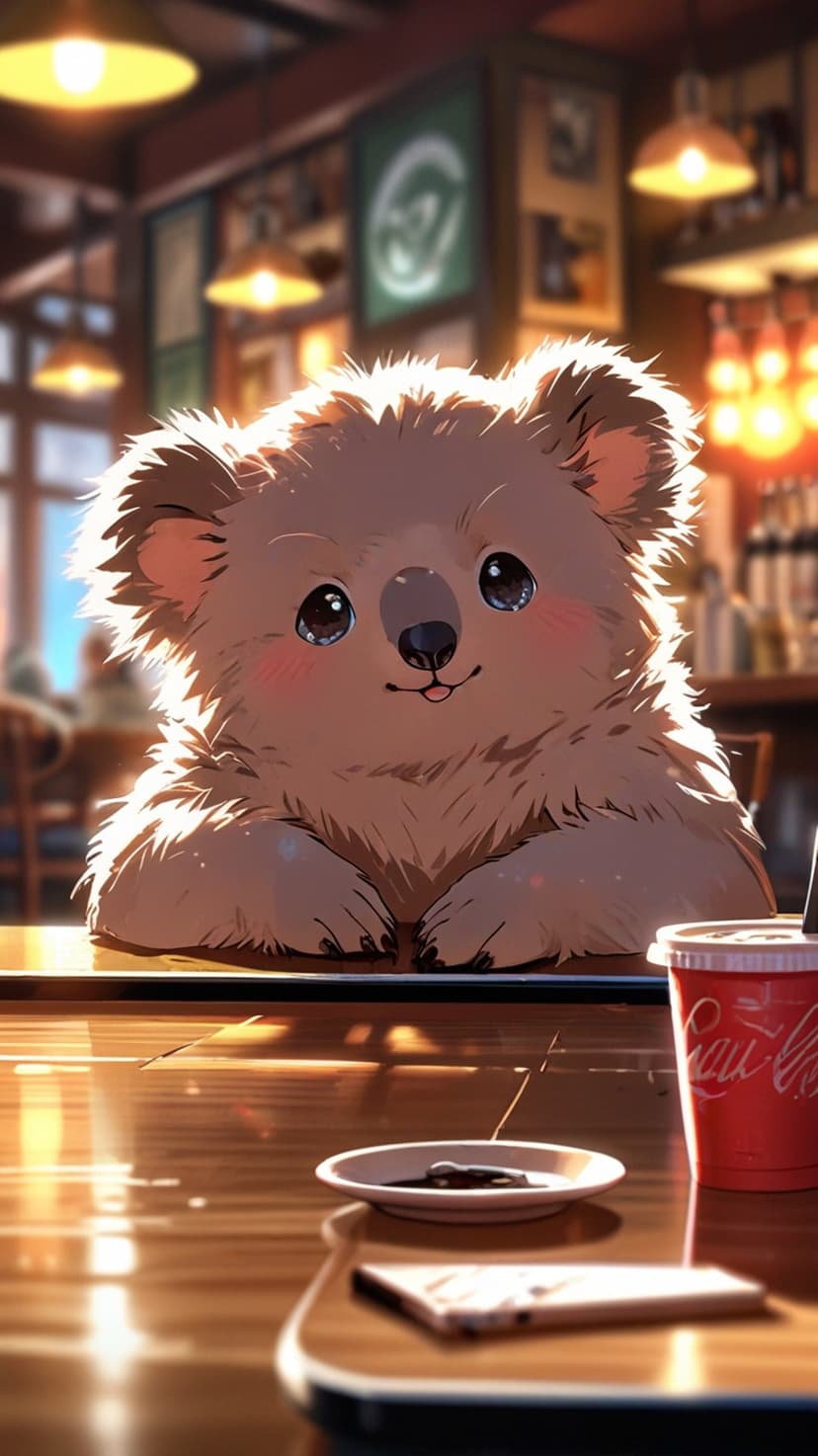 Fluffy koala with big eyes sitting at a cafe table with a red soda cup and a smartphone in warm lighting.