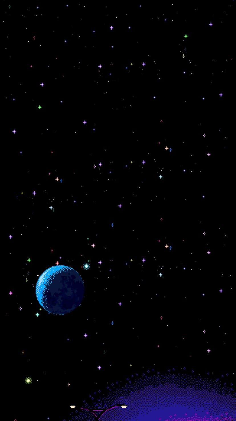 Textured blue planet sits in the lower corner against a dark sky filled with purple, green, and white pixel stars.