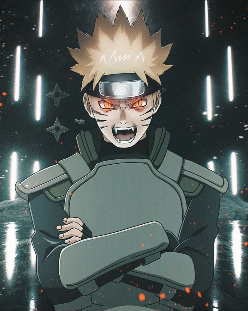Naruto Uzumaki in armored Kurama mode with glowing orange eyes, bared fangs, and floating shuriken in the dark.