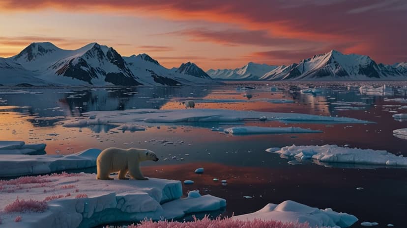 Polar bear standing on an ice floe amidst orange sunset reflections and snowy mountains in the Arctic sea.