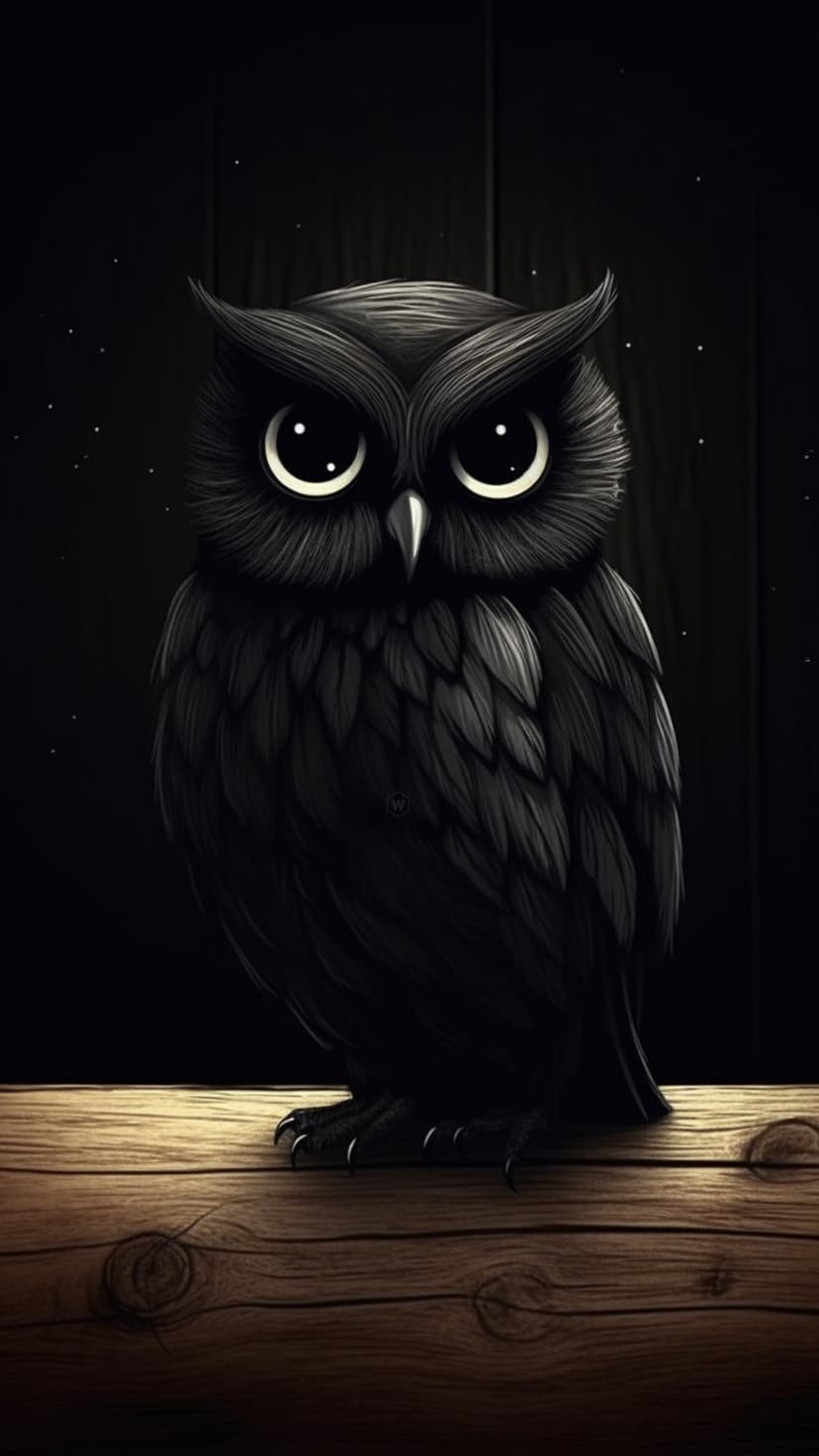 Black owl with luminous eyes sits on a wooden branch under a subtle starry sky, captured in a vertical view.