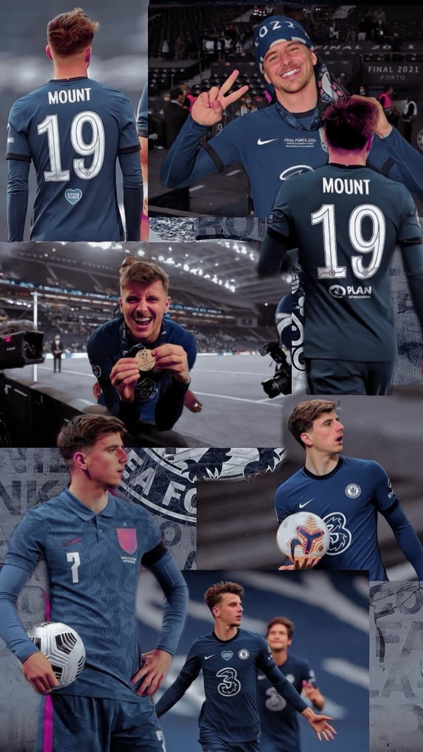 Mason Mount wearing a blue Chelsea FC jersey during various match highlights in a dynamic sports photo collage.