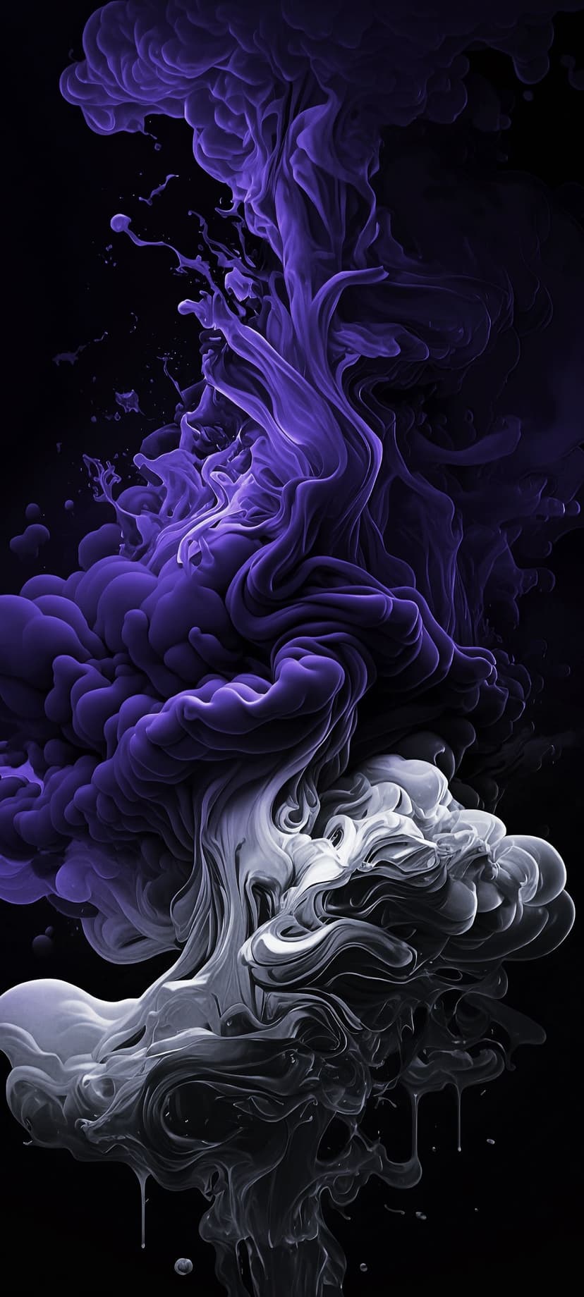 Deep purple and white smoke plumes swirl together against a solid black backdrop with fluid, wispy textures.