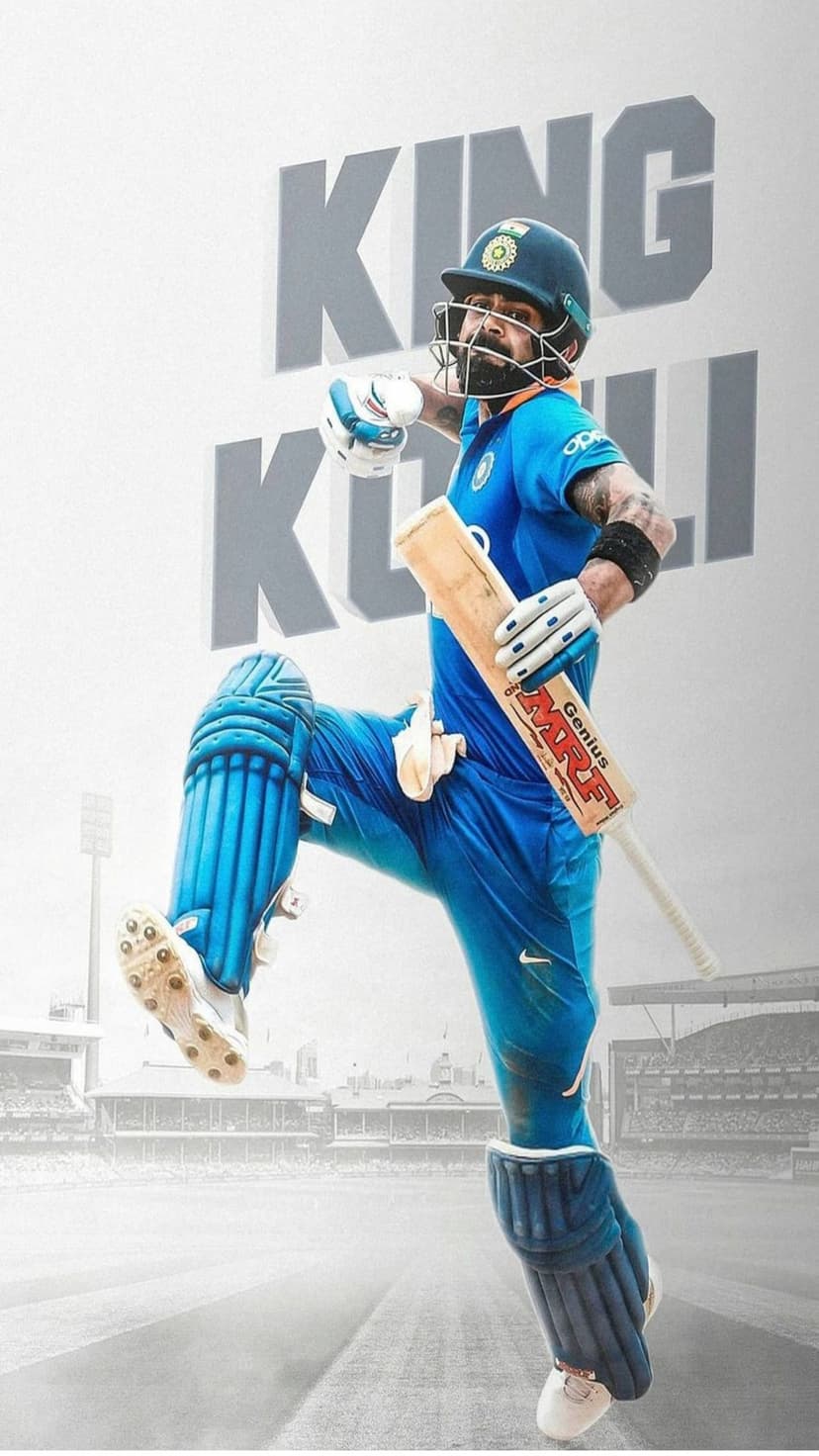 Virat Kohli in a blue cricket uniform holding a bat with King Kohli text displayed in the background.