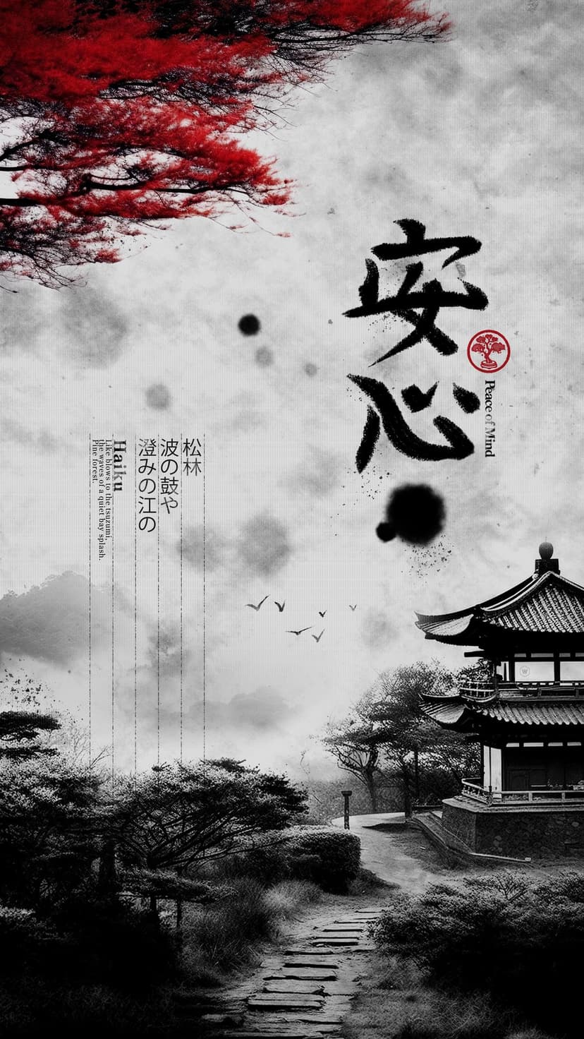 Stone path leading to a Japanese temple through red maple trees with vertical ink calligraphy and brushstrokes.