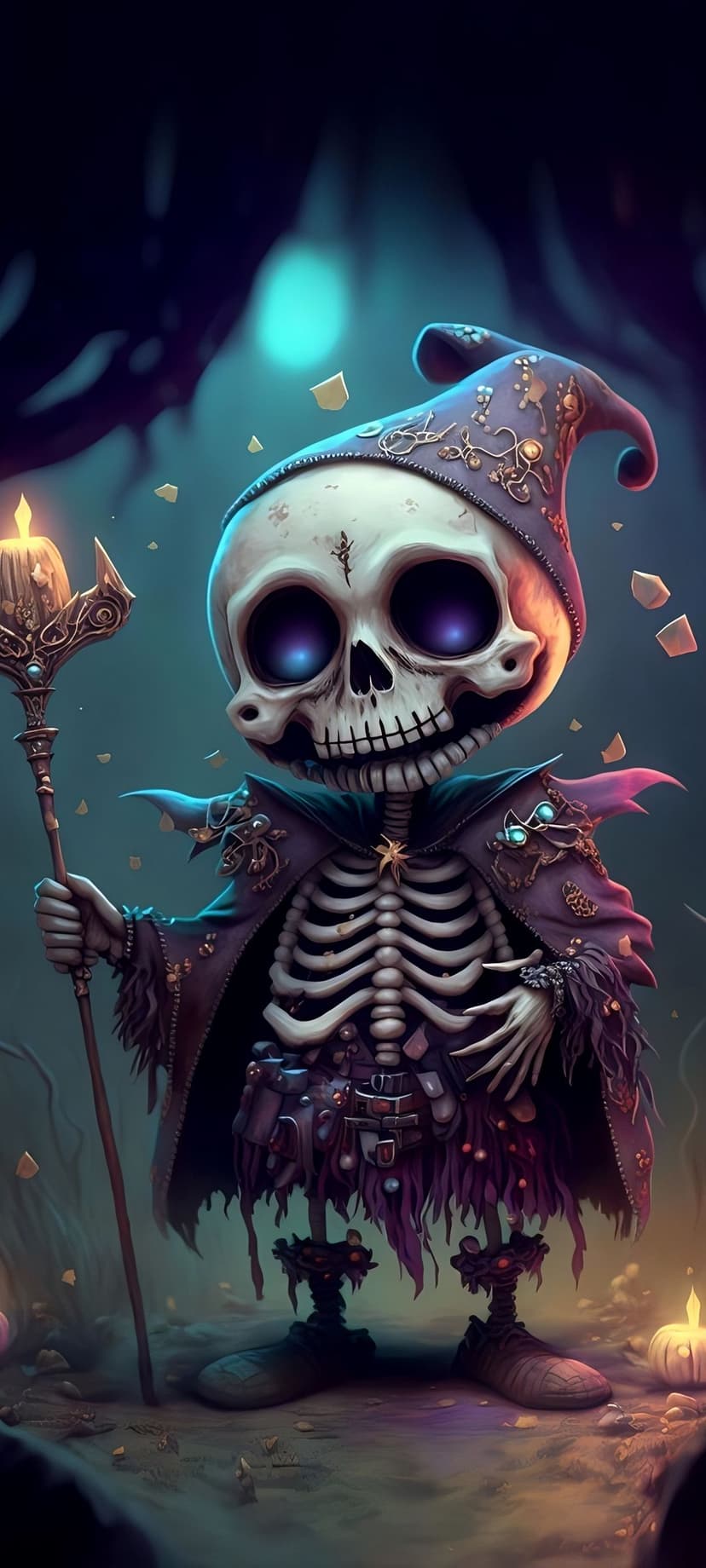 Skeleton wizard in a purple hat with glowing eyes holds a candle staff against a dark mystical background.