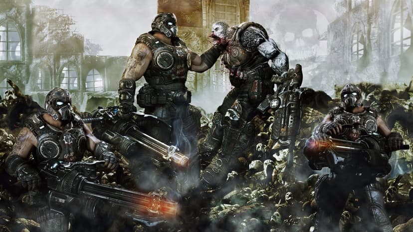 Armored soldiers in glowing masks stand on skulls, one lifting a monster by the neck in a ruined gothic city.
